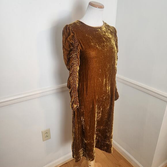Beatrice B Dress XS Womens Midi Gold Velvet Regency Ruched Sleeve Grunge Fairy - Picture 2 of 9